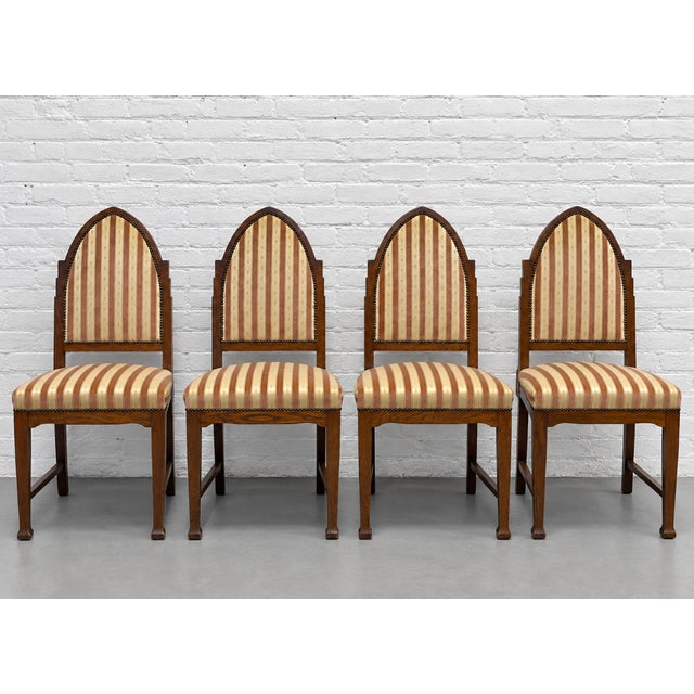 Set of Four - Amsterdam School Art Deco Oak Dining Chairs, Netherlands, C. 1930s For Sale - Image 4 of 17