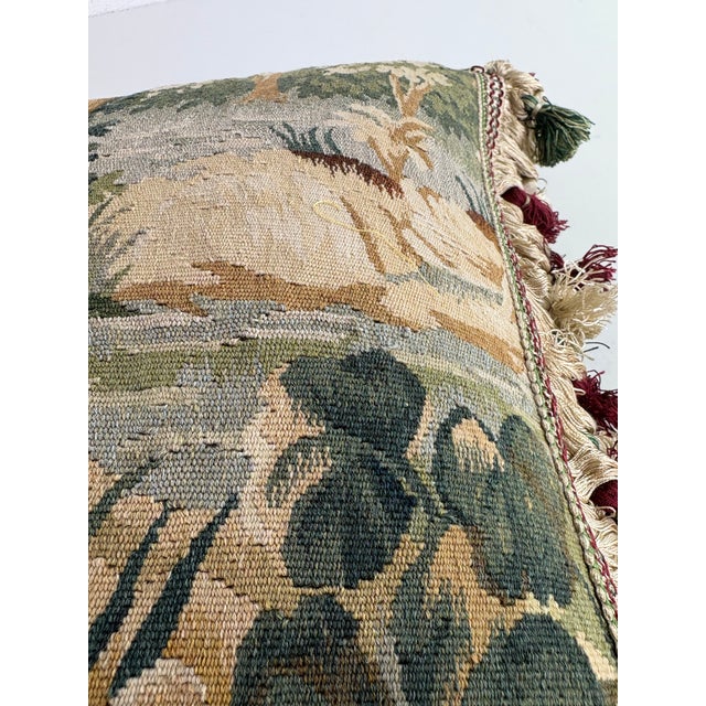 French Country Vintage Hand Woven Tasseled Aubusson Tapestry Pillow For Sale - Image 3 of 11