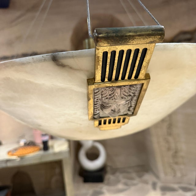 Art Deco 1960s Large Art Deco Alabaster Dome Pendant Chandelier Glass Figures For Sale - Image 3 of 11