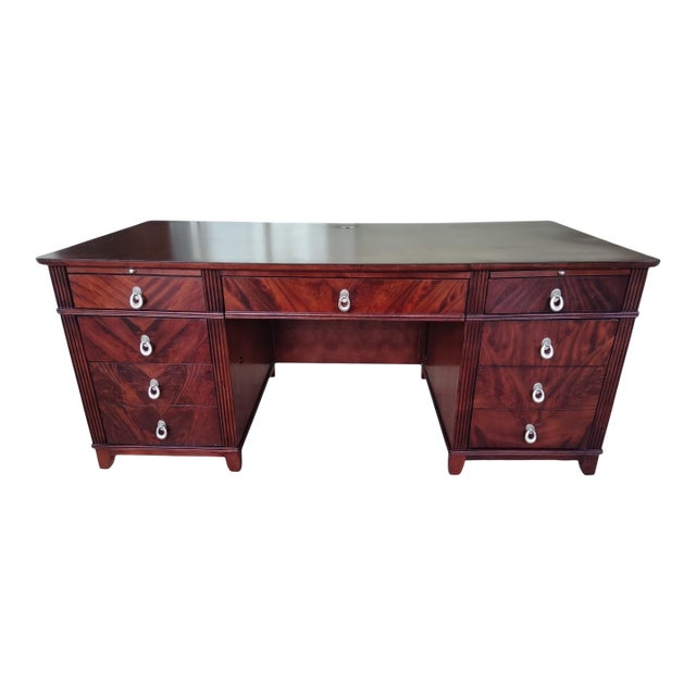 Restored French Art Deco Executive Desk | 72" Sunburst Veneer Pedestal Desk For Sale
