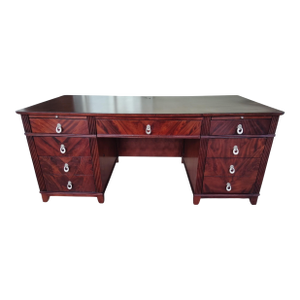 Restored French Art Deco Executive Desk | 72" Sunburst Veneer Pedestal Desk