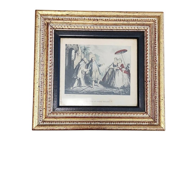 French Vintage Pair Nicolas Lancret Framed Watercolor Prints For Sale - Image 3 of 7