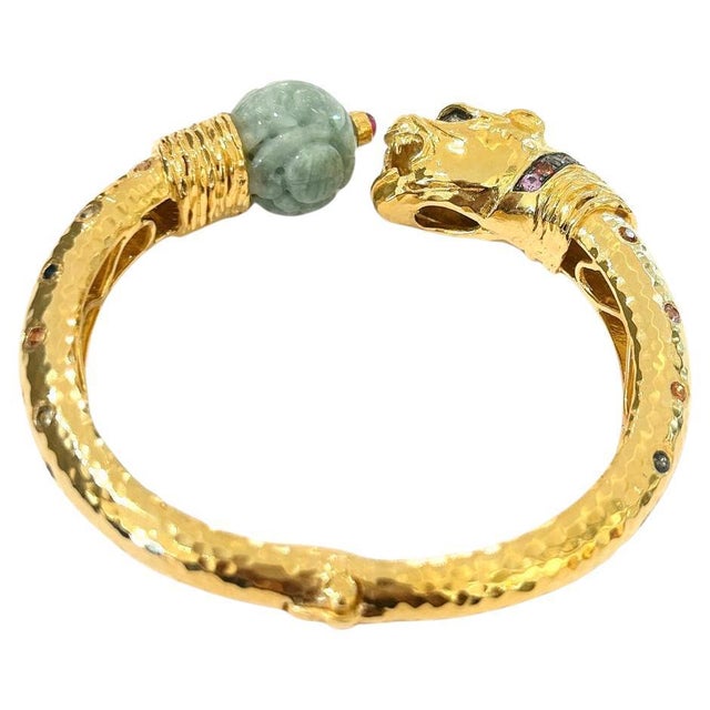 Bochic "Orient" Carved Vintage Mint Jade Bangle Set In 18K Gold & Silver For Sale - Image 15 of 18