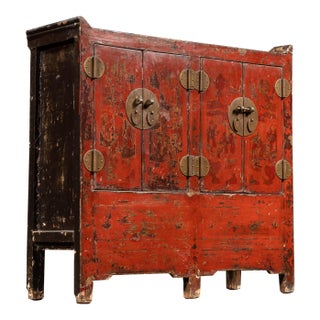 Antique Chinese Red Lacquer Cabinet With Hidden Compartment For Sale