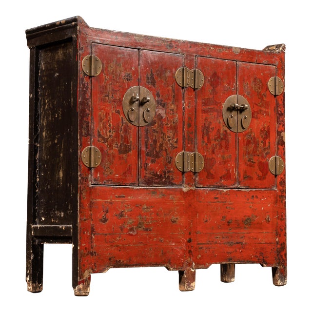 Antique Chinese Red Lacquer Cabinet With Hidden Compartment For Sale