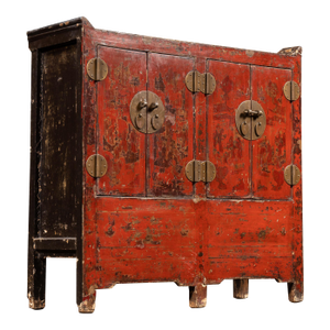 Antique Chinese Red Lacquer Cabinet With Hidden Compartment