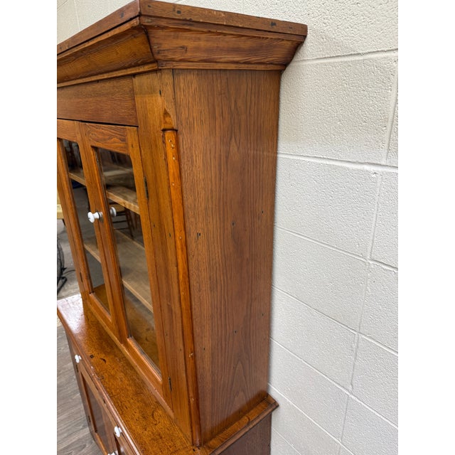 Wood Antique American Primitive Farmhouse Solid Oak Step Back Cupboard For Sale - Image 7 of 17