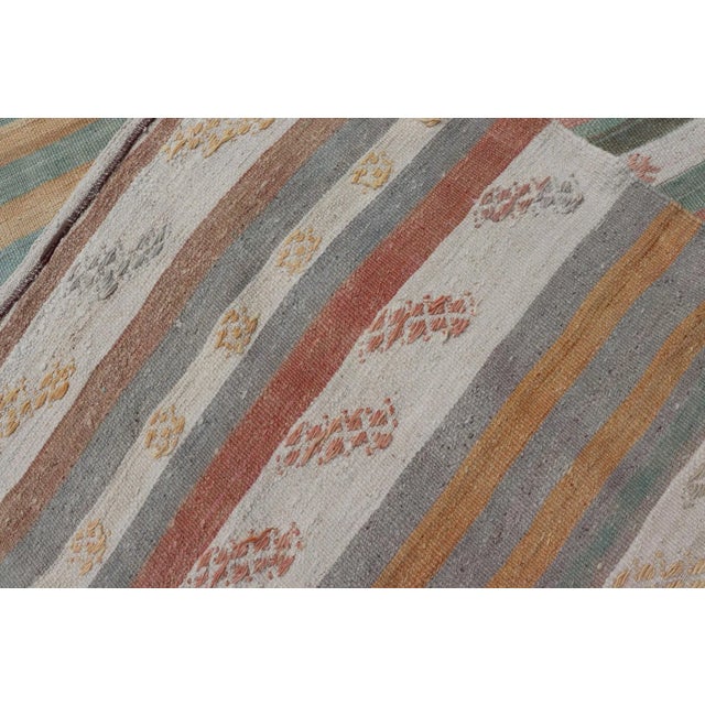 Mid 20th Century Vintage Turkish Kilim Runner With Stripes in Cream Lt Green Coral & Yellow For Sale - Image 11 of 11