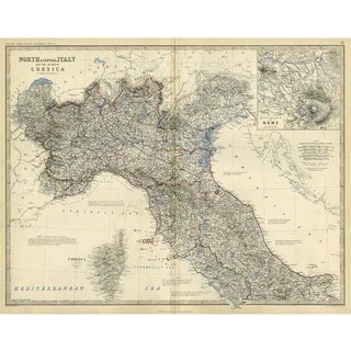 Coloure Map of North and Central Italy and Corsica with an Inset of Rome, 1860 For Sale