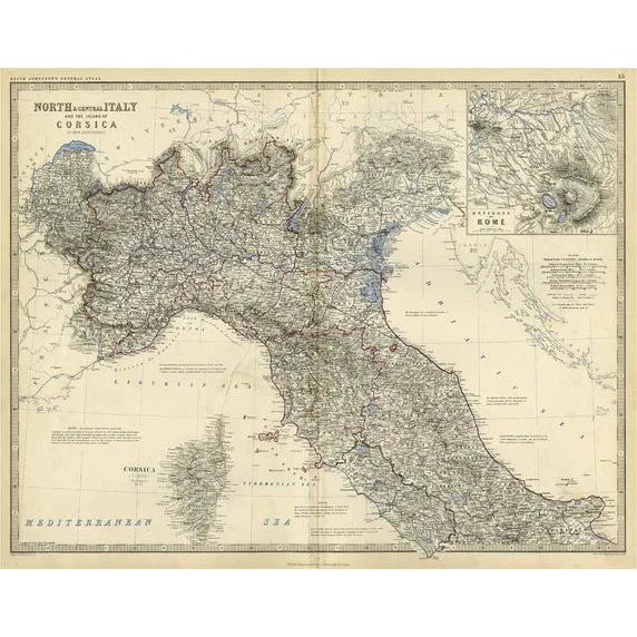 Coloure Map of North and Central Italy and Corsica with an Inset of Rome, 1860 For Sale