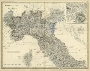 Coloure Map of North and Central Italy and Corsica with an Inset of Rome, 1860