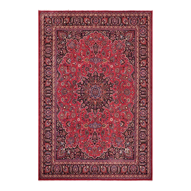 Boho Chic Vintage Retro Kashan Red/Blue Wool Rug - 9'7'' X 12'9'' For Sale