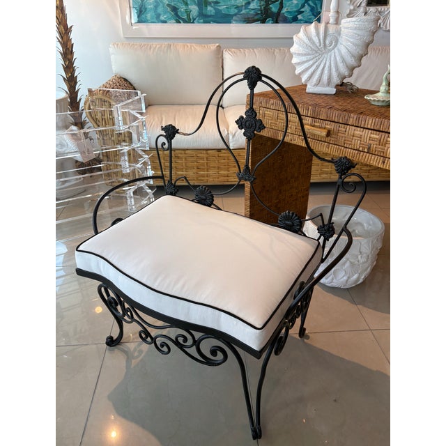 Metal Vintage Wrought Iron Garden Patio Bench Stool Newly Upholstered Powder-Coated For Sale - Image 7 of 12