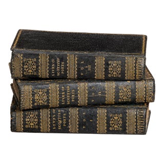 Rare Complete 3 Volume Antique Miniature Leather Book Set Lives of Scottish Poets Scotland Library Office Home Decor For Sale