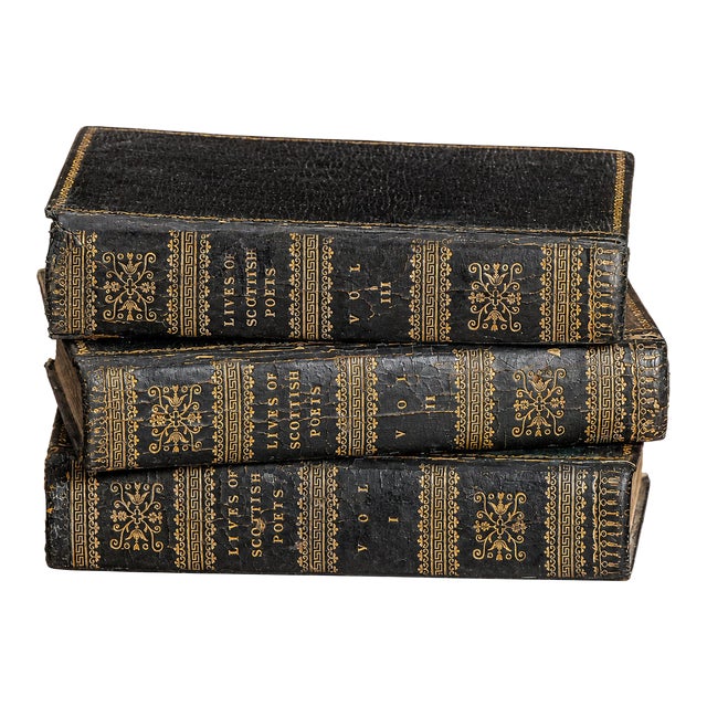 Rare Complete 3 Volume Antique Miniature Leather Book Set Lives of Scottish Poets Scotland Library Office Home Decor For Sale