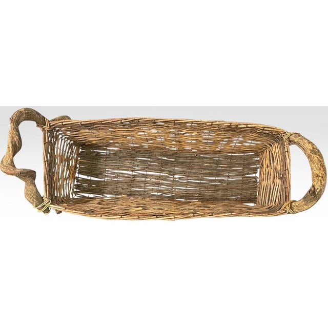 Mid 20th Century Mid 20th Century Rustic Handcrafted Woven Willow Long Trough Basket With Sculptural Root Handles For Sale - Image 5 of 6