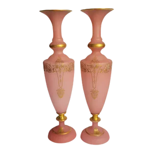 Late 19th Century Pair of French Pink Frosted Opaline Glass Urns With Enamel Gilt Decoration
