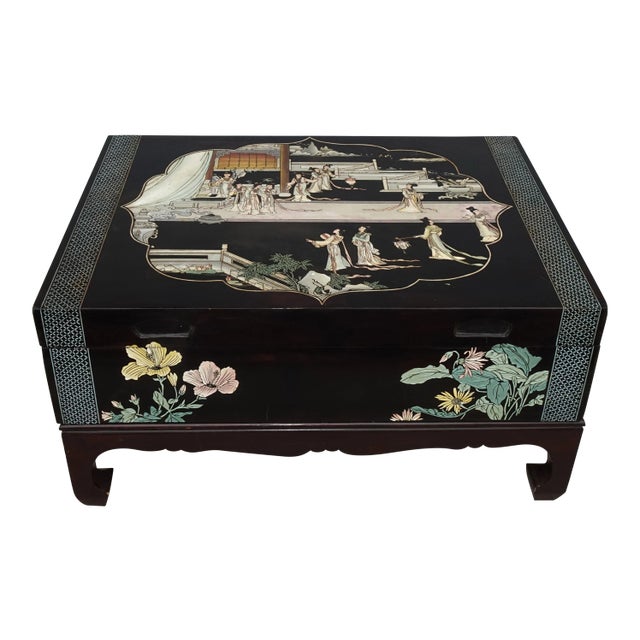 Vintage Oriental Asian Black Chinoiserie Coffee Table Storage Box For Sale