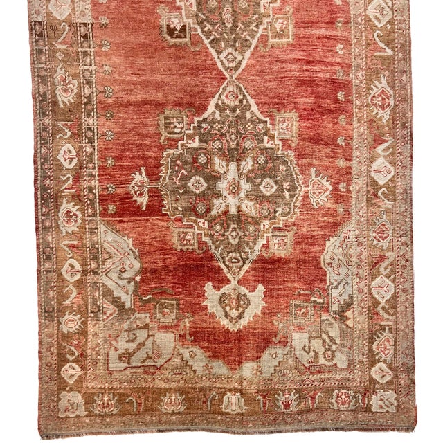 1940s Vintage Circa 1940 Light Brick Turkish Oushak Hand Knotted Wool Runner, 4ft 11in X 12ft 7in For Sale - Image 5 of 11