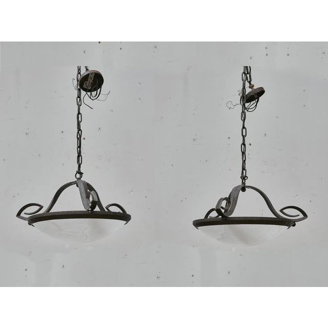 1930s French Alabaster and Hammered Iron Pendants - Pair For Sale - Image 16 of 18