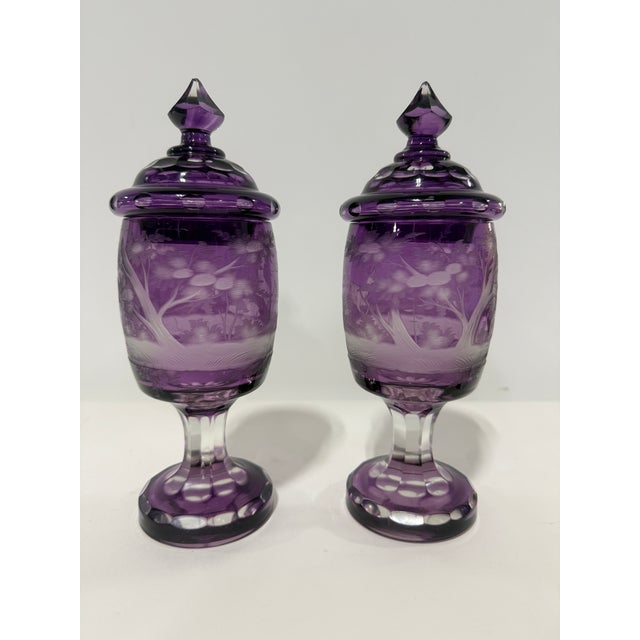 Pair of Bohemian Amethyst Engraved Covered Beakers, Late 19th Century For Sale In Providence - Image 6 of 8