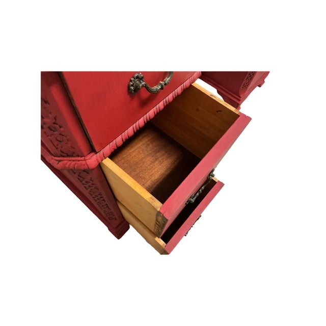 Asian Writing Desk Painted Red Brass Hardware Rope Turn Trim Glass Top 7 Drawers For Sale - Image 11 of 12