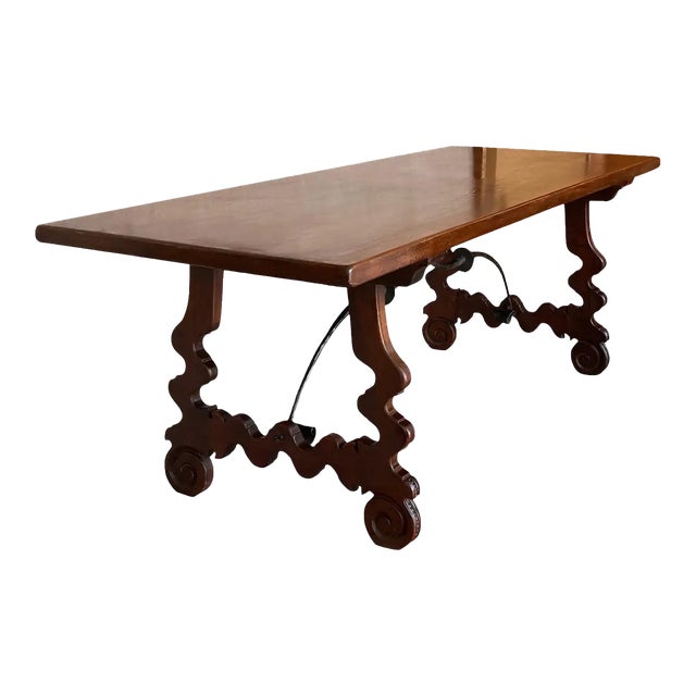 20th Century Spanish Baroque Carved Walnut Lyre Legs Trestle Dining Farm Table For Sale