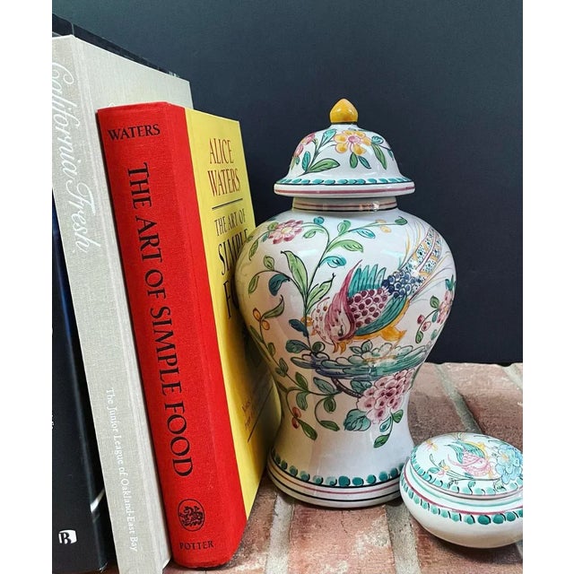 Majolica Hand Painted Majolica Jars From Portugal With Birds & Flowers - Set of 2 For Sale - Image 4 of 12