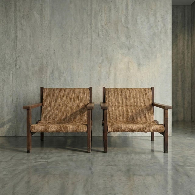 Rustic European Spanish Solid Wood and Wicker Armchairs, 1960s For Sale - Image 3 of 6