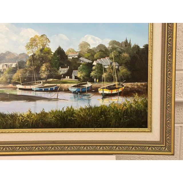 Painting of Figures & Boats on Truro Harbour with Cathedral by British Artist 1985 Circa For Sale - Image 9 of 18
