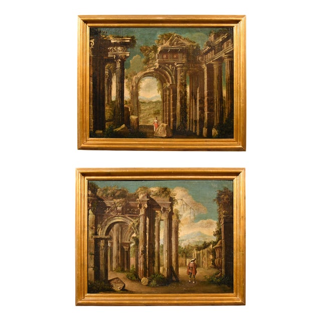 Follower of Niccolò Codazzi, Capricci Landscapes, 1700, Oil on Canvases, Framed, Set of 2 For Sale
