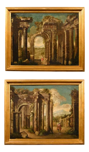 Follower of Niccolò Codazzi, Capricci Landscapes, 1700, Oil on Canvases, Framed, Set of 2