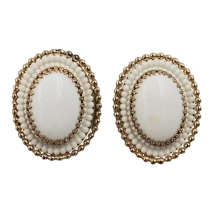 Vintage 1960s Signed Napier White Cabochon Oval Clip Earrings - 2 Pieces