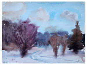 Dzidra Ezergaile, Winter Landscape, 1962, Watercolor on Paper