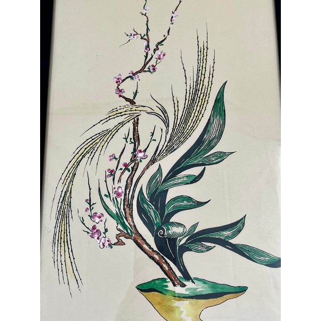 Green Mid-Century Surrealist Flowers and Turtles Original Watercolor Gouache Framed Paintings Tall 29"h - For Sale - Image 8 of 12
