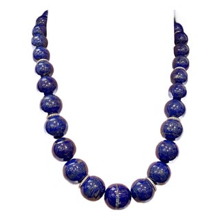 Certified Vintage Lapis Lazuli Single Strand Diamond Necklace 14 Kt White Gold For Sale