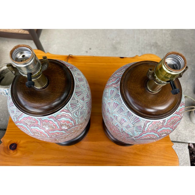 Wood Vintage Frederick Cooper Chicago Patterned Porcelain Table Lamps, Pair For Sale - Image 7 of 10