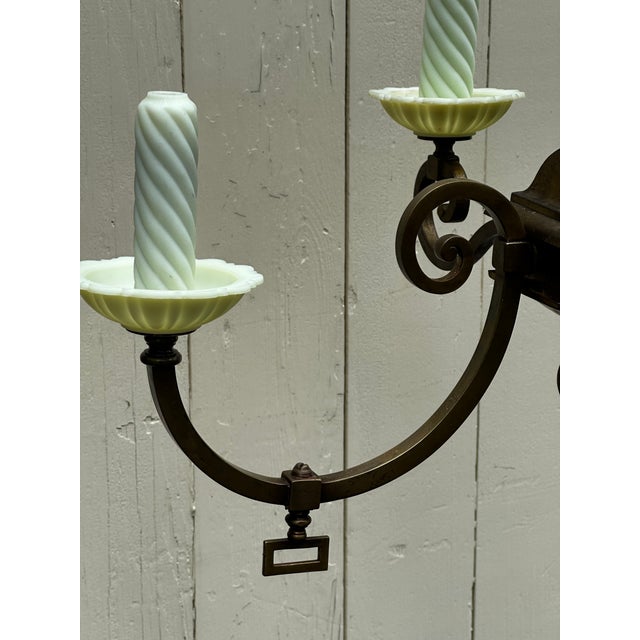 American Vintage Brass Four Arm Gas Electric Chandelier For Sale - Image 3 of 11