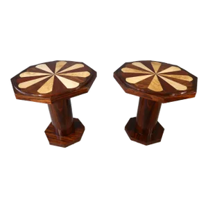 Vintage Art Deco Octagon Wood Inlay Pair of End Tables Rosewood Walnut Burl Side Walnut Regency Antique