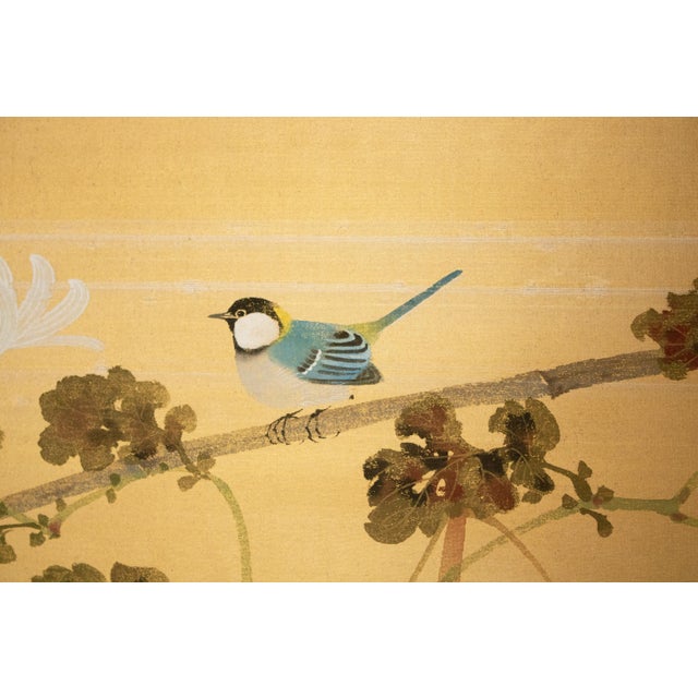 "Tit and Chrysanthemums", Showa Era Japanese Painted Silk Bybu Screen For Sale - Image 10 of 18