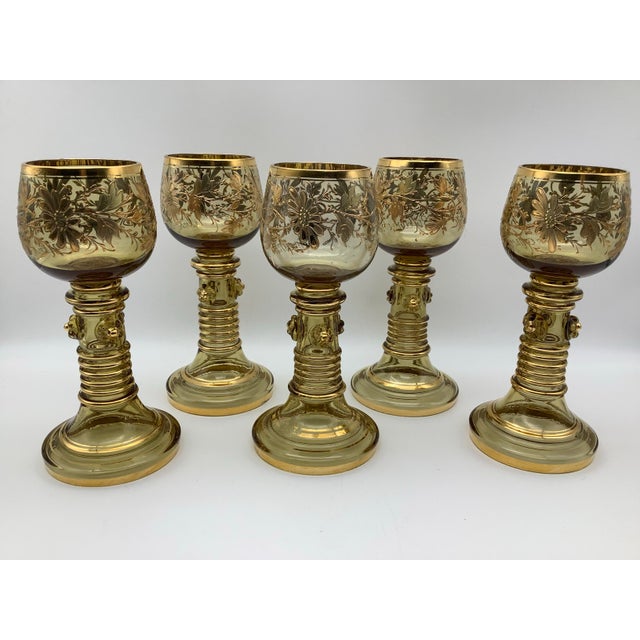 Gold Antique Moser Bohemian Clear Gilded Blown Glass Wine Goblet, With Gold Floral Flowers and Leafs on Stem With Open End, Set of 5 For Sale - Image 8 of 12