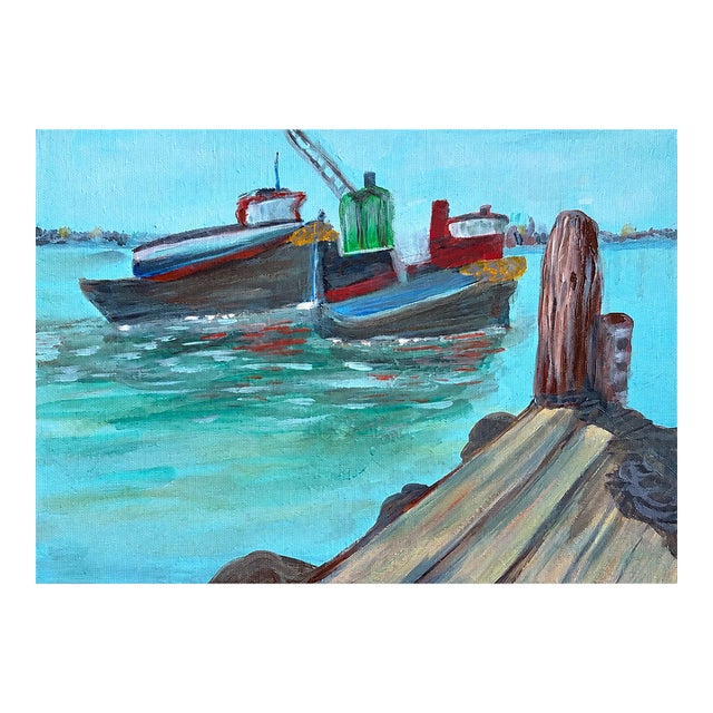 Original Folk Art–Style Harbor Painting by L. Romo, 2026 For Sale