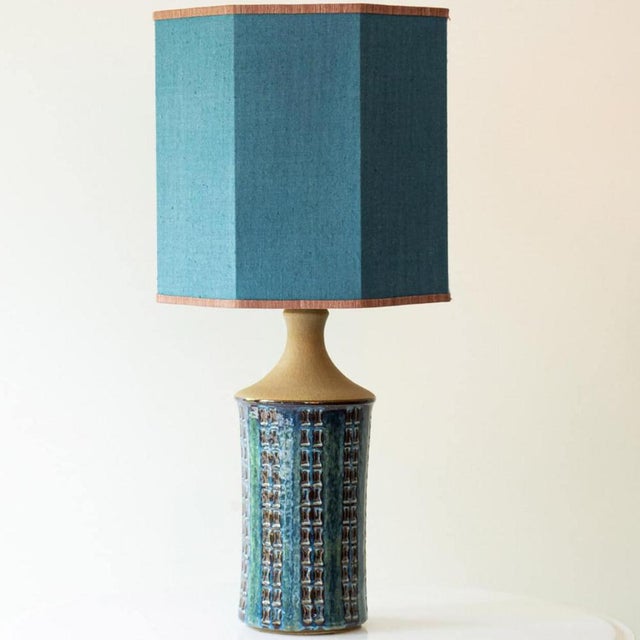 Blue Brown Ceramic Table Lamp with Silk Lamp Shades attributed to R. Houben, 1970 For Sale - Image 4 of 17