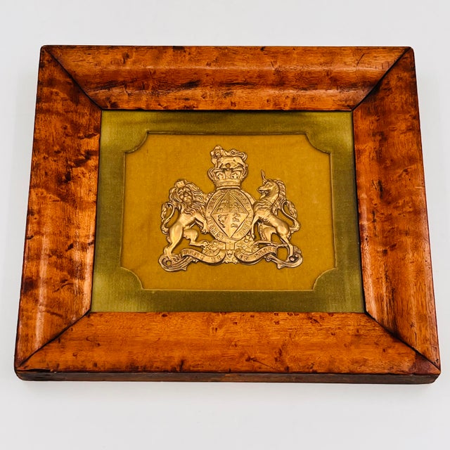 Vintage Framed English Brass Royal Coat of Arms in Burlwood Frame With Green Velvet Mat For Sale - Image 9 of 16