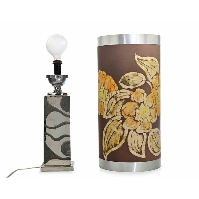 Metal Mid-Century Table Lamp with Hand-Painted Cylindrical Shade, Italy, 1970s For Sale - Image 7 of 9