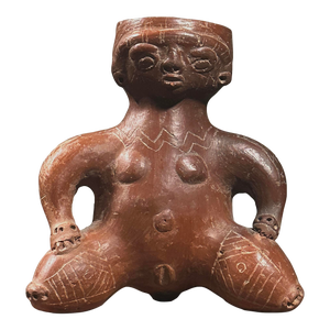 Antique Pre-Columbian Style Folk Art Burnished Etched Terracotta Figure Effigy