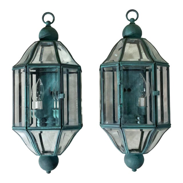 Pair of Vintage Solid Brass & Beveled Glass Wall Lantern - Sconces - Verdigris For Sale