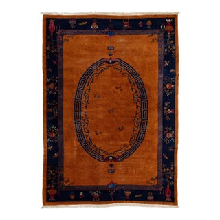 Antique Art Deco Chinese Nichols Style Rug - Mandarin Orange & Indigo 10x14 For Sale