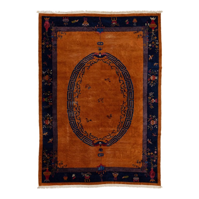 Antique Art Deco Chinese Nichols Style Rug - Mandarin Orange & Indigo 10x14 For Sale