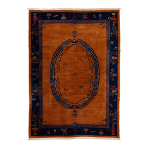 Antique Art Deco Chinese Nichols Style Rug - Mandarin Orange & Indigo 10x14